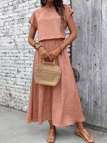 EMERY ROSE Women's Solid Color Boat Neck Batwing Sleeve Shirt And Mini Skirt 2 Pieces Set - Orange - View 6