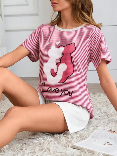 SHEIN Women Cotton 2 Pcs Striped With Lettered&Cats Printed Round Neck Short Sleeved Shirt & Solid Colour Shorts Homewear Cımfort Casual Pajama Set