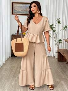 SHEIN LUNE Women's Plus Size Beige Summer Casual Vacation Outfit V-Neck Ruffle Hem Short Sleeve Top And Unique Design Patchwork Pants 2-Piece Sets Track Suits - Khaki - View 4