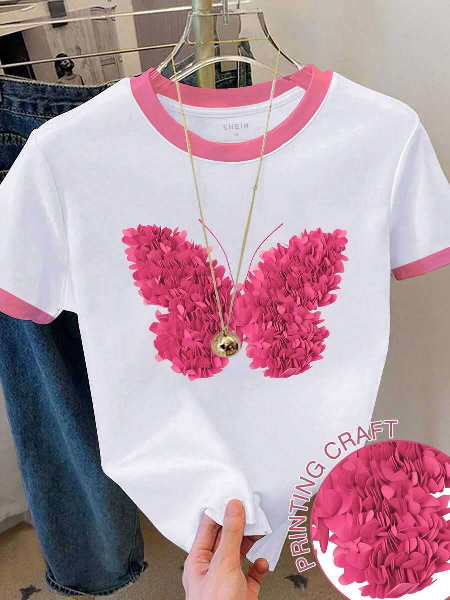 Resyla 女士撞色蝴蝶印花短袖休闲圆领T恤 - 白色 - 查看 1