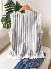 CosyJoli Plus Size Women's Striped Vest, Casual Women's Floral Trim Blouse Casual Tops For Women Blouse For Women Elegant Tops For Women New Arrival Blouse - Grey - View 2