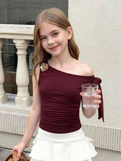 SHEIN Parte superior sin mangas asimétrica de hombro elegante y de moda para niña preadolescente