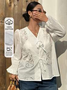 Dazy Plus Plus Size Women's Casual Vacation Style Solid Color Embroidered Hollow Out Lantern Sleeve Front Tie Lightweight Blouse, Spring/Summer - White - View 2