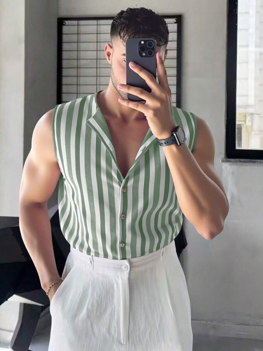 Marcello Vane 男士綠白條紋單排扣無袖針織上衣,休閒夏季度假,義大利歐風條紋無袖襯衫,適合春季 - 軍綠色 - 查看 1