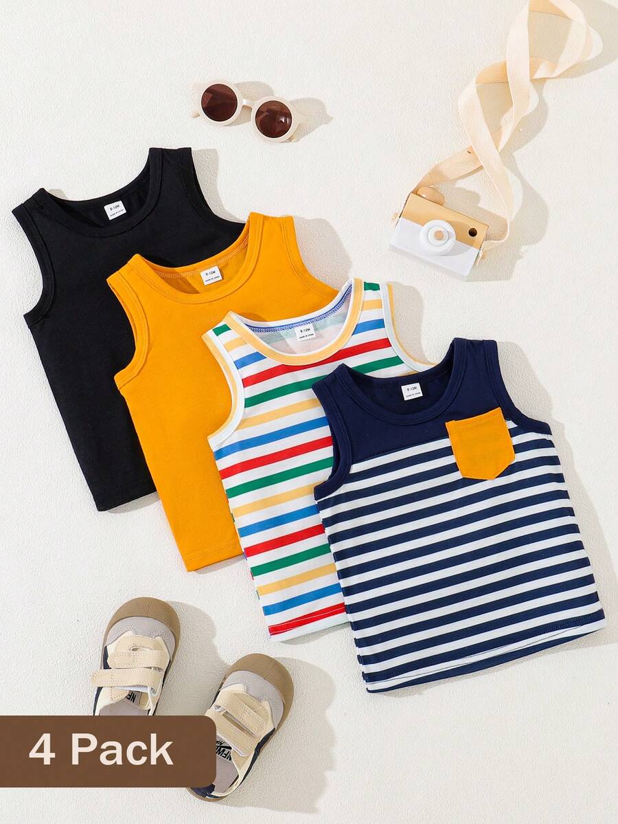 SHEIN Playful Pals Paquete de tops sin mangas de cuello redondo con rayas y unicolor básicos para niños pequeños, para el verano - Multicolor - Ver 1