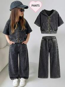 2026春秋新款女童黑色灰色水洗连帽短袖拉链牛仔套装，宽松阔腿长裤两件套，时尚个性，百搭酷炫街头风，秋季薄款牛仔休闲装 - 黑色 - 查看 4