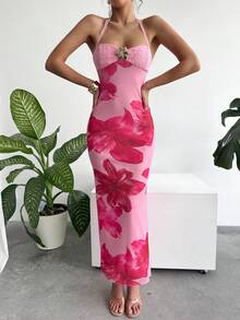Rafferiza 女士印花弹力无袖抹胸修身连衣裙，时尚性感度假连衣裙，蕾丝金属扣饰边连衣裙，网纱连衣裙，时尚优雅，适合日常穿着、婚礼、宴会、日常通勤、毕业派对、节日活动、度假等场合。 - 粉色 - 查看 5