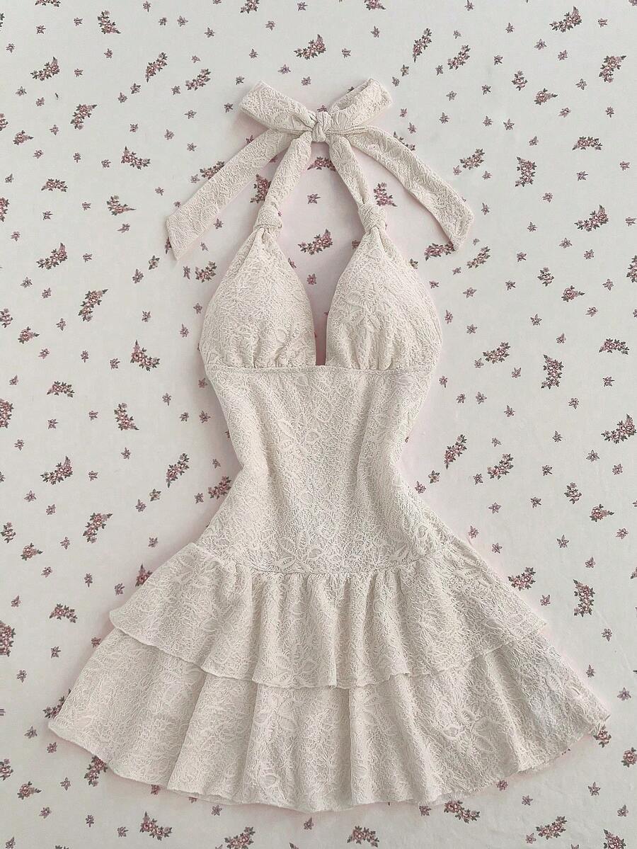 Elamini Women's Textured Jacquard Deep V-Neck Backless Ruffle Hem Mini Vacation Dress - Apricot - View 1