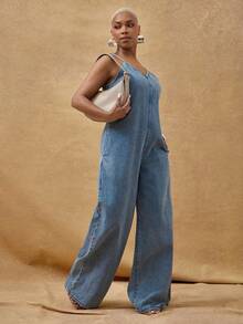 Vixey Adjustable Cami Strap Wide Leg Denim Jumpsuit With Pockets - Medium Wash - View 3