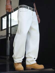 Manfinity EMRG Casual Straight Loose Fit Wide Leg Contrast Stitching Jeans, Spring/Summer - White - View 5