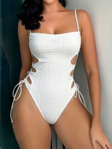 Swim SXY Women's Solid Color Cutout Waist Tie-Up Design Fashionable One-Piece Swimsuit - Apricot - View 3