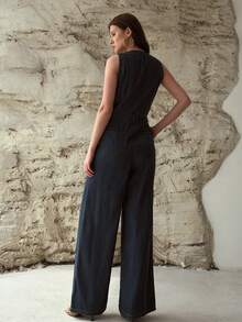MOTF PREMIUM SPRING/SUMMER V-NECK SLEEVELESS WIDE LEG JUMPSUIT - Medium Wash - View 3