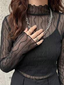 FRIFUL Women's Fashionable Sexy Stand Collar Mesh Fitted Blouse - Black - View 3