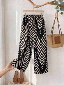 SHEIN Frenchy 大码女式腰带条纹阔腿宽松休闲裤 - 彩色 - 查看 7