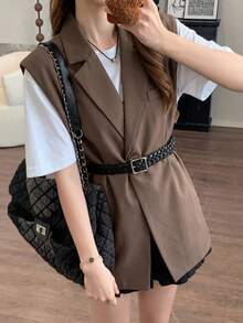 DAZY 女士前扣无袖口袋纯色休闲马甲 女士西装外套 秋冬商务装 - 棕色 - 查看 3