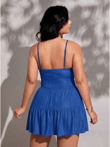 Viva Relle Curve Blue Mini Sundress Sleeveless Spaghetti Strap Knitted Fabric Casual Dress Ruffle Flounce Hem - Royal Blue - View 2