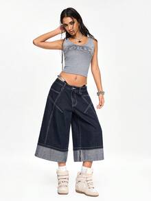 ROMWE Grunge Punk Y2K Ultra Low Waist Baggy Fold-Over Hem 7/8 Length Jeans - Black - View 6