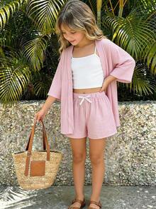 SHEIN Bộ đồ cho bé gái tuổi teen gồm áo hai dây màu trơn, áo kimono tay lửng và quần short trang trí nơ, trang phục thường ngày cho kỳ nghỉ hè. - Hồng - Xem 3