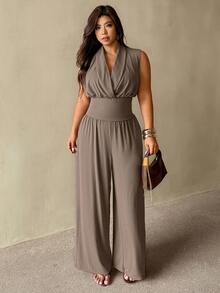 Auralis 大码纯色圆领无袖夏季收腰两件套女装夏季套装优雅套装女士正装套装女士连体裤无袖套装春夏优雅度假连体裤女士婚礼宾客套装女士毕业典礼两件套女士节日套装女士优雅套装 - 卡其色 - 查看 1