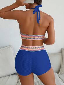 SHEIN Swim 2件套 新款春夏藏蓝色系带露脐吊带背心和短裤，度假休闲沙滩派对比基尼泳装套装，女士度假套装，女士两件套泳衣泳装 - 寶藍色 - 查看 2