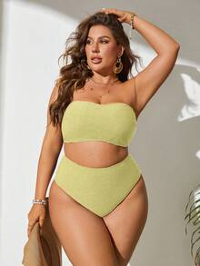Swim Vcay Conjunto de bikini de unicolor talla grande, adecuado para vacaciones en la playa - Amarillo claro - Ver 4