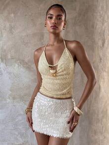 Aloruh Camiseta de tirantes con cuello drapeado y espalda descubierta de mujer, de unicolor albaricoque y textura de ganchillo - Albaricoque - Ver 1