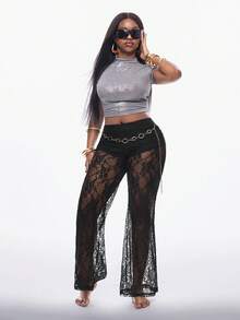 Coolane Women's Summer Going Out Chic Vacation Outfits Beach Outfits Lace Stretchy Comfortable Black Flare Pants - Black - View 6