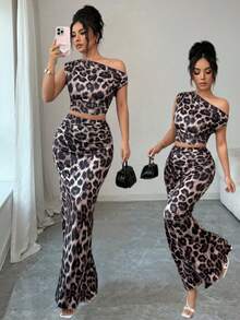 Rafferiza Women's 2-Piece Leopard Print Set: Ruched Waist Top Paired With Ruched Hem Skirt, Flattering Silhouette For Beach Vacation Cheetah Print Two Piece Elegant 2 Piece Set Party Outfits 2 Piece Ladies Two Piece Outfits Leopard Print 2 Piece Outfit - Multicolor - View 4