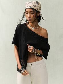 SoleilVie 女士蕾丝拼接不对称领上衣，黑色蕾丝短袖不对称肩部上衣，夏季服装 - 黑色 - 查看 7