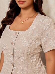 Elaquor 大码优雅提花衬衫短裤两件套，夏季女装两件套，休闲度假套装，夏季女装套装，女士夏季套装，女士办公室着装，女士工作服，女士正式着装，优雅女士套装，夏季女装 - 杏色 - 查看 7