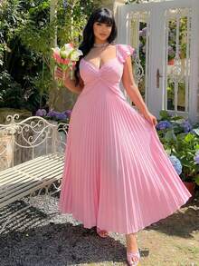 Lyrianda 新款夏季时尚性感V领短袖扭结荷叶边设计中长连衣裙 - 粉色 - 查看 1