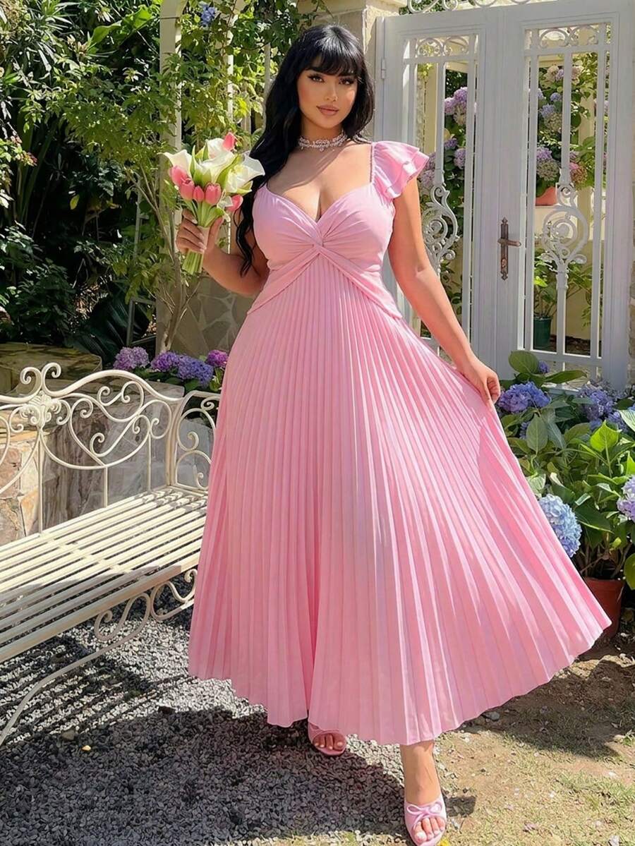 Lyrianda 新款夏季时尚性感V领短袖扭结荷叶边设计中长连衣裙 - 粉色 - 查看 1