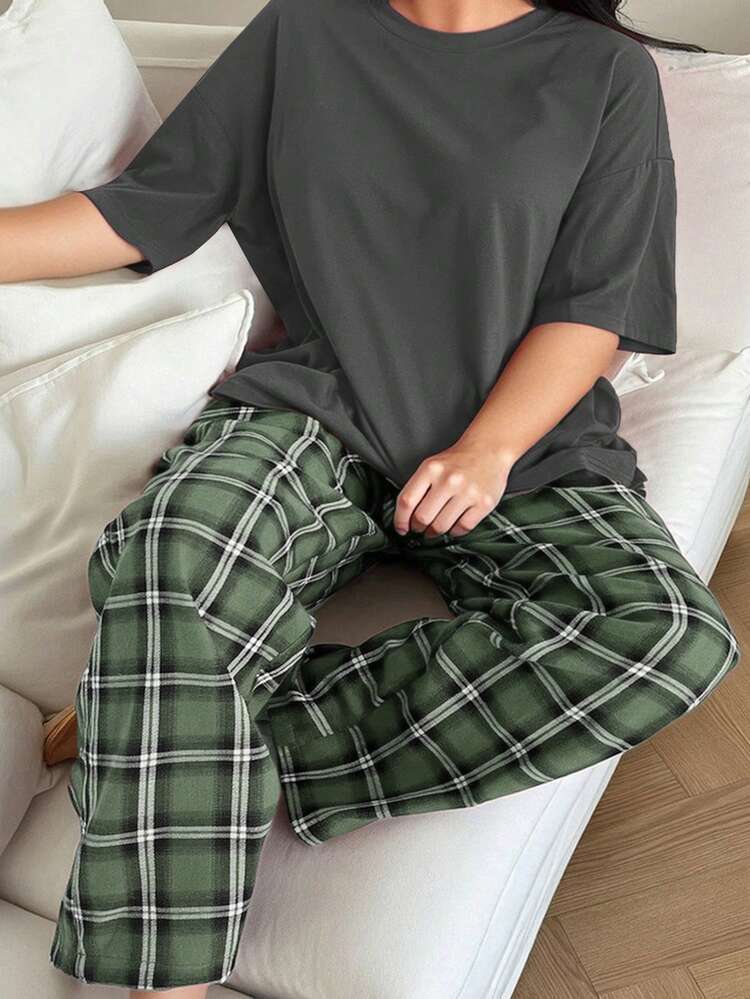 Dazy Plus Round Neck Loose Fit Pajama Set - Plaid Pants
