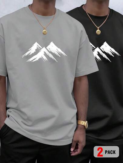 Manfinity EMRG Men's Summer Casual Grey Gray Black White Mountain Peak Summit Snow Capped Alps Range Silhouette Nature Landscape Scenery Outdoor Adventure Hiking Camping Minimalist Simple Graphic Print T-Shirt 2 Pack Vintage Streetwear Boho Western Going Out Vacation Holiday Office Crew Neck Short Sleeve Oversized Loose Fit Breathable Soft Comfortable Tee Top,Men's Round Neck Dropped Shoulder Short Sleeve Casual Fashion Snow Mountain Print T-Shirt