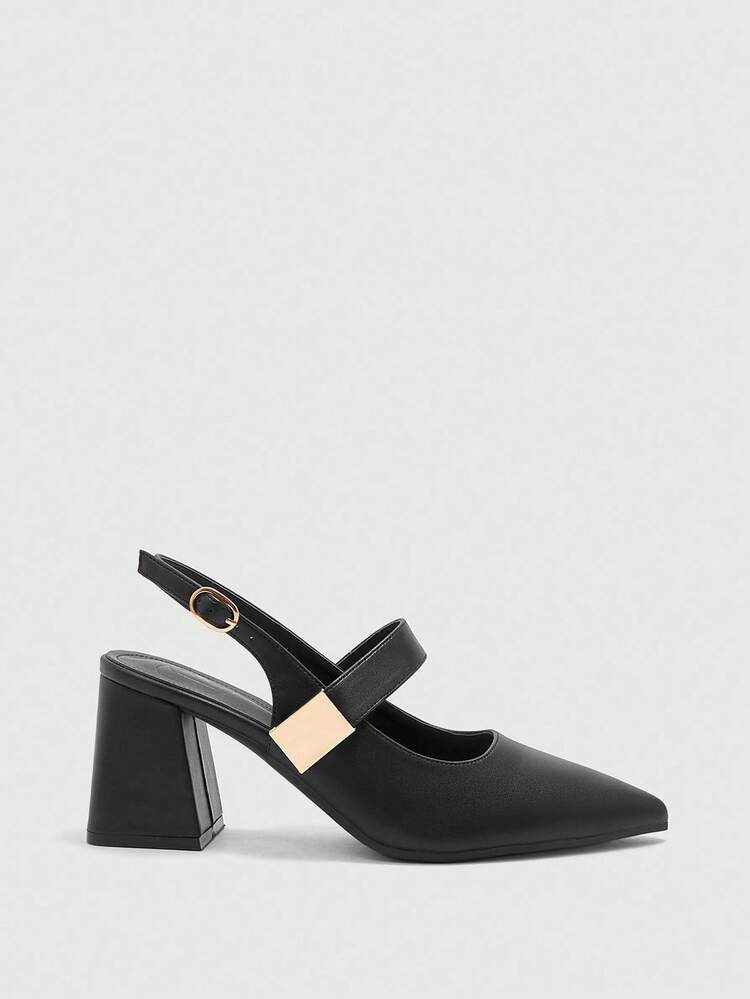 CUCCOO BIZCHIC Women Shoes Spring And Autumn Pointed Thick Middle Heel Black Metal Buckle Decorative Women's Slingback Shoes Fashion Classic Simple Commuter Dating Party Holiday Vacation Women's High Heel Shoes