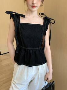 FRIFUL 女士纯色打结荷叶边下摆休闲无袖牛仔上衣 夏季 - 黑色 - 查看 6