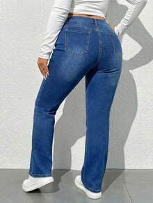 SHEIN ICON Quần jeans ống loe dáng ôm, rộng rãi, chất liệu wash, cỡ lớn, kiểu dáng thường ngày. - Rửa trung bình - Xem 2