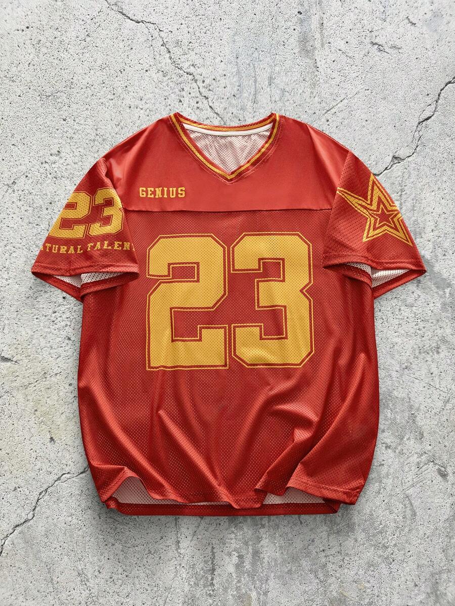 EVRINFINITE 男士休闲T恤，运动数字印花，足球球衣，男士耶稣球衣，Y2K复古篮球衫，夏季足球服 - 紅色 - 查看 1