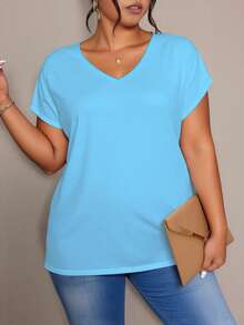 EMERY ROSE Plus Size Women's Summer Solid V-Neck Short Sleeve Casual T-Shirt - Multicolor - View 7