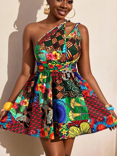 BamGleam 女士休闲度假印花露背无袖连衣裙