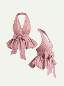 Olithes 2026新款女士裹身式露背上衣，饰有蝴蝶结，经典条纹图案 - 适合日常休闲、办公室通勤、轻松度假穿着 - 彩色 - 查看 1