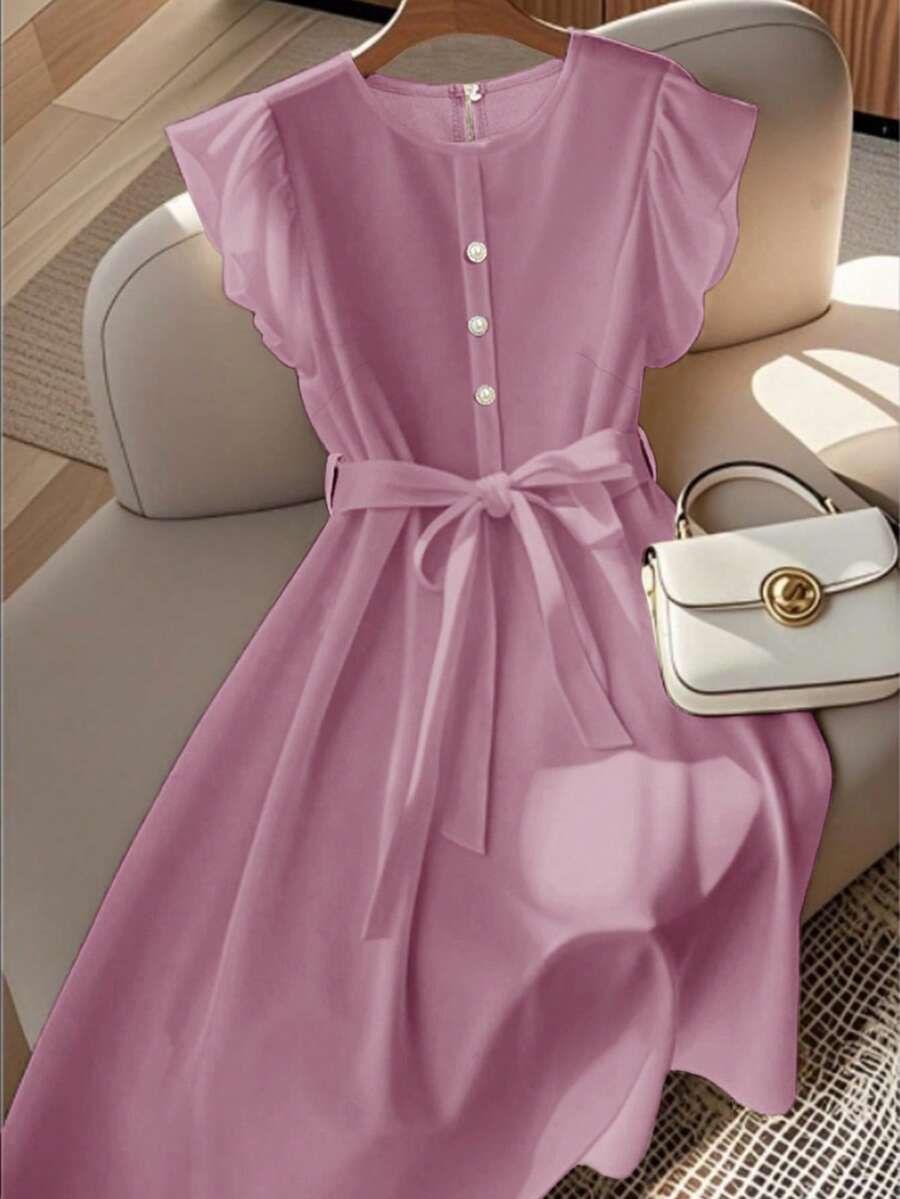 Franclia Vestido de mujer de longitud media, de cuello redondo, manga corta, cintura elástica, con decoración de botones de perla, cómodo y suave, sin estiramiento, en color albaricoque, de estilo francés elegante y versátil para vacaciones y viajes, primavera/verano - Color caoba - Ver 1