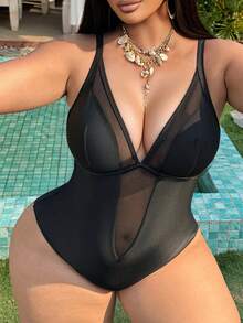 Swim SXY 2026新款大码奢华性感连体泳衣，深V网纱拼接，视觉显瘦，钢圈支撑，高弹塑形，凸显曲线，连体泳衣，带钢圈紧身衣，女士泳装，女士泳衣，全包覆式泳衣，女士透视泳衣 - 黑色 - 查看 7