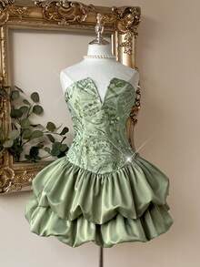 Lovelzi 优雅奢华的草绿色串珠亮片V领缎面迷你裙，后背系带可调节，层叠荷叶边裙摆设计，适合正式场合、约会、派对、音乐节、假期、婚礼、盛会等。 - 綠色 - 查看 8