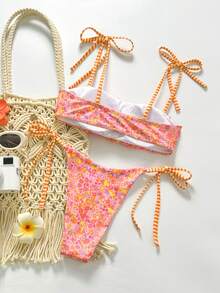 Swim Mod Women's Swimwear Set, Floral Striped Tie-Front, 2 Pieces Summer Holiday Beach Outfit - Multicolor - View 2