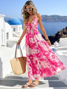 Vivid Eden 女士印花荷叶边下摆吊带长裙 - 玫紅色 - 查看 2