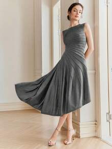 Anewsta Women's Solid Color Round Neck Pleated Elegant Waist Midi Dress For Party - Grey - View 6