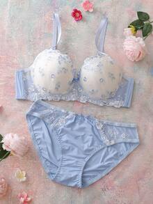 FloralLove Bộ 2 áo ngực có gọng nâng ngực kiểu balconette thêu hoa, thoải mái, dễ thương, tươi tắn, lãng mạn, họa tiết bướm, kiểu babydoll. - Màu xanh lam - Xem 6