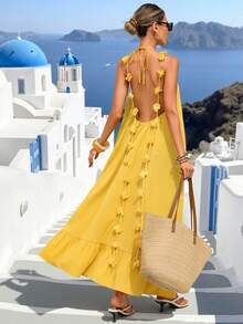 Vivid Eden 女士优雅性感3D立体花卉露背系带连衣裙，适合度假休闲穿着 - 黃色 - 查看 1