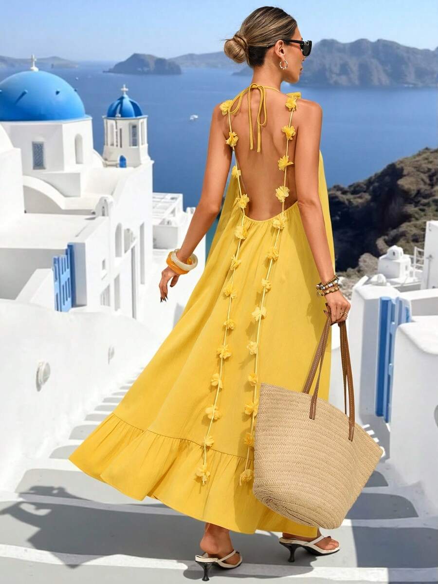 Vivid Eden 女士优雅性感3D立体花卉露背系带连衣裙，适合度假休闲穿着 - 黃色 - 查看 1